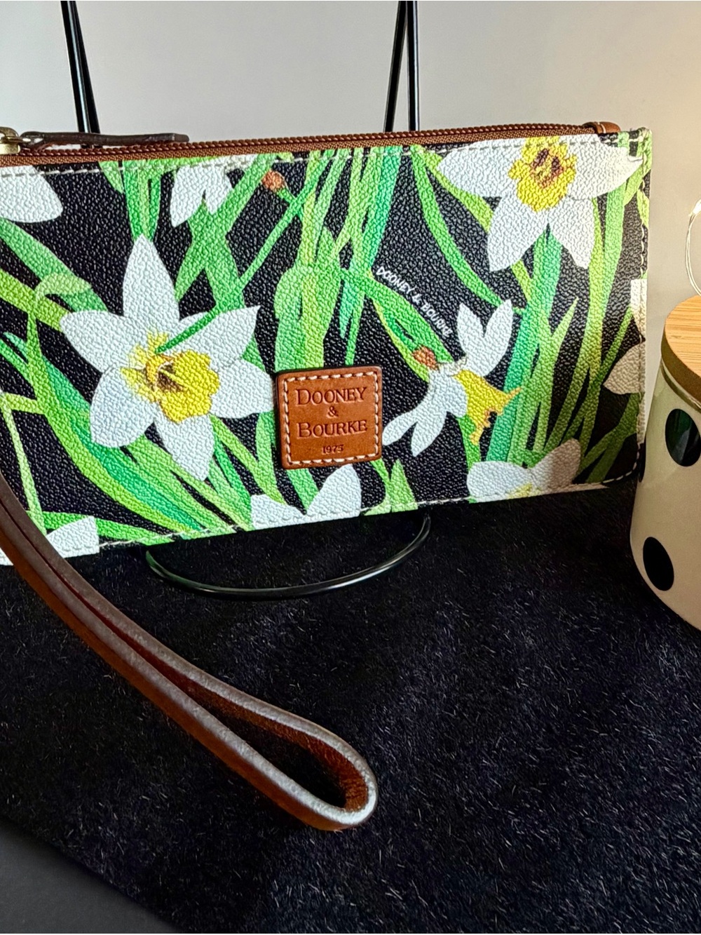 Dooney & Bourke Daffodil Floral Print Wristlet Wallet Leather Strap